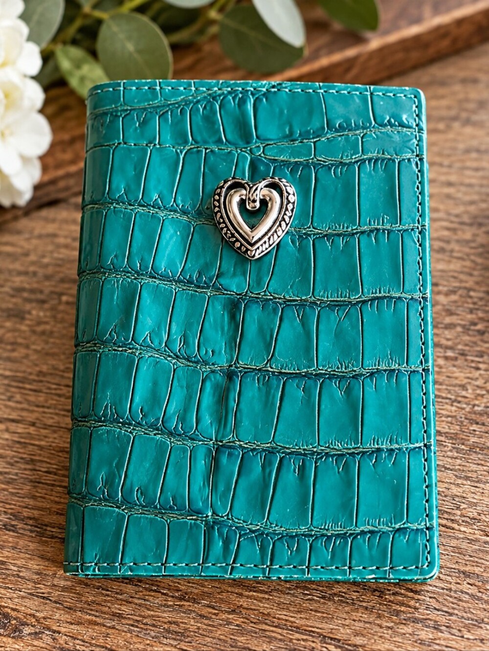 Brighton Turquoise Croc Embossed Passport Holder Silver Heart